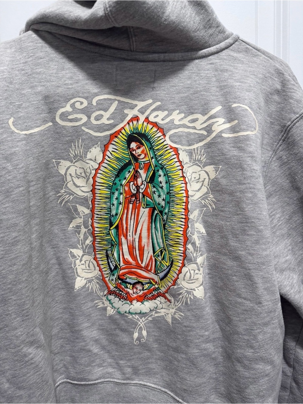 Ed Hardy Full Zip Hoodie Gray Virgin Mary Guadalupe Tattoo Graphic Junior’s XL
